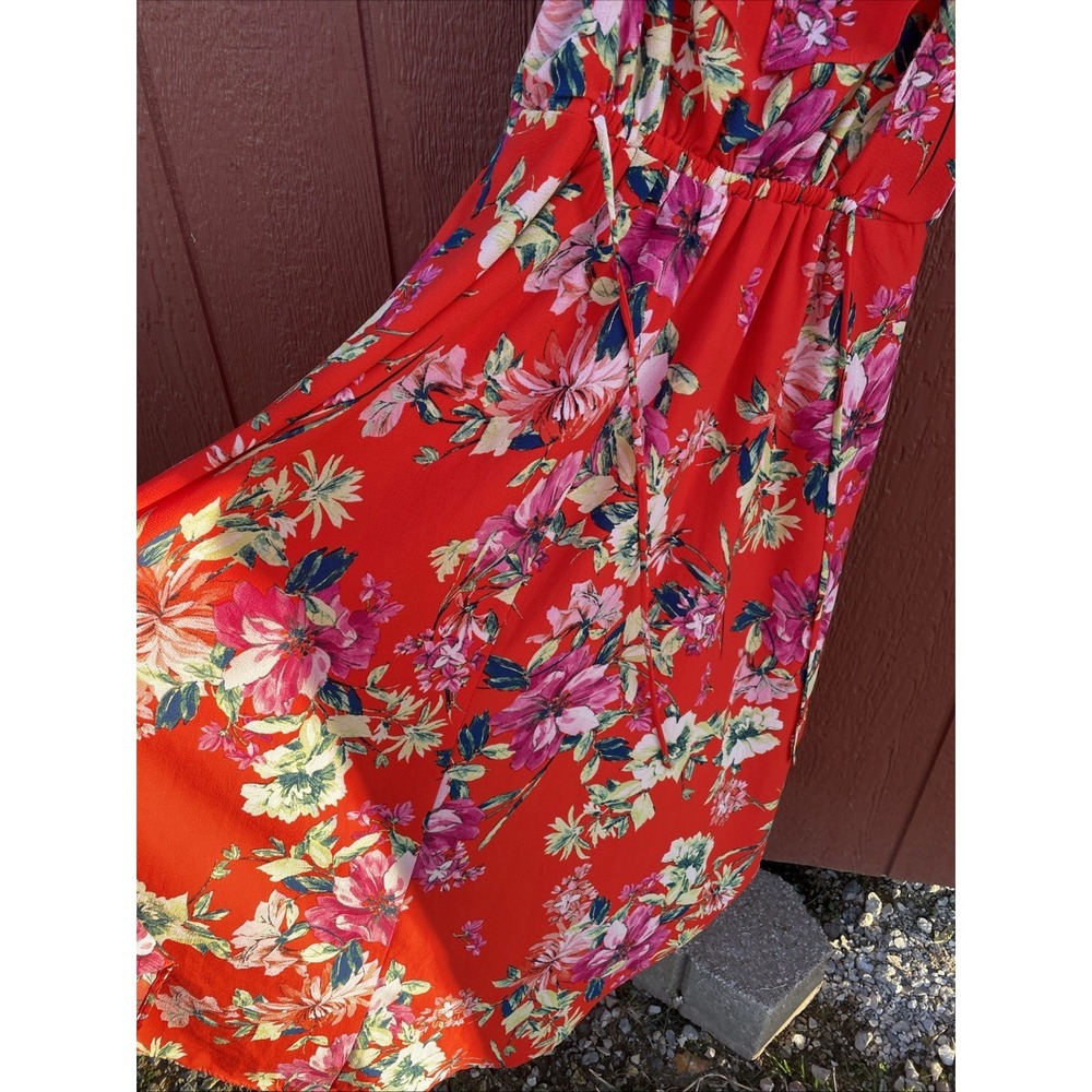 By & By Red Floral Ruffle V-Neck Maxi Dress Womens Small Sleeveless Pink Yellow - Picture 9 of 10